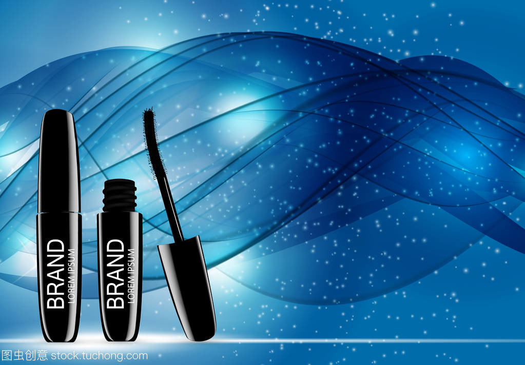 時(shí)裝設(shè)計(jì)化妝品產(chǎn)品模板的廣告或雜志背景。睫毛膏產(chǎn)品系列 Reportv 3d 逼真矢量 Iillustration